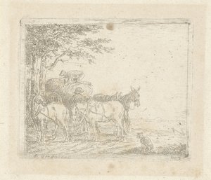 Tres caballos frente a un carro de heno